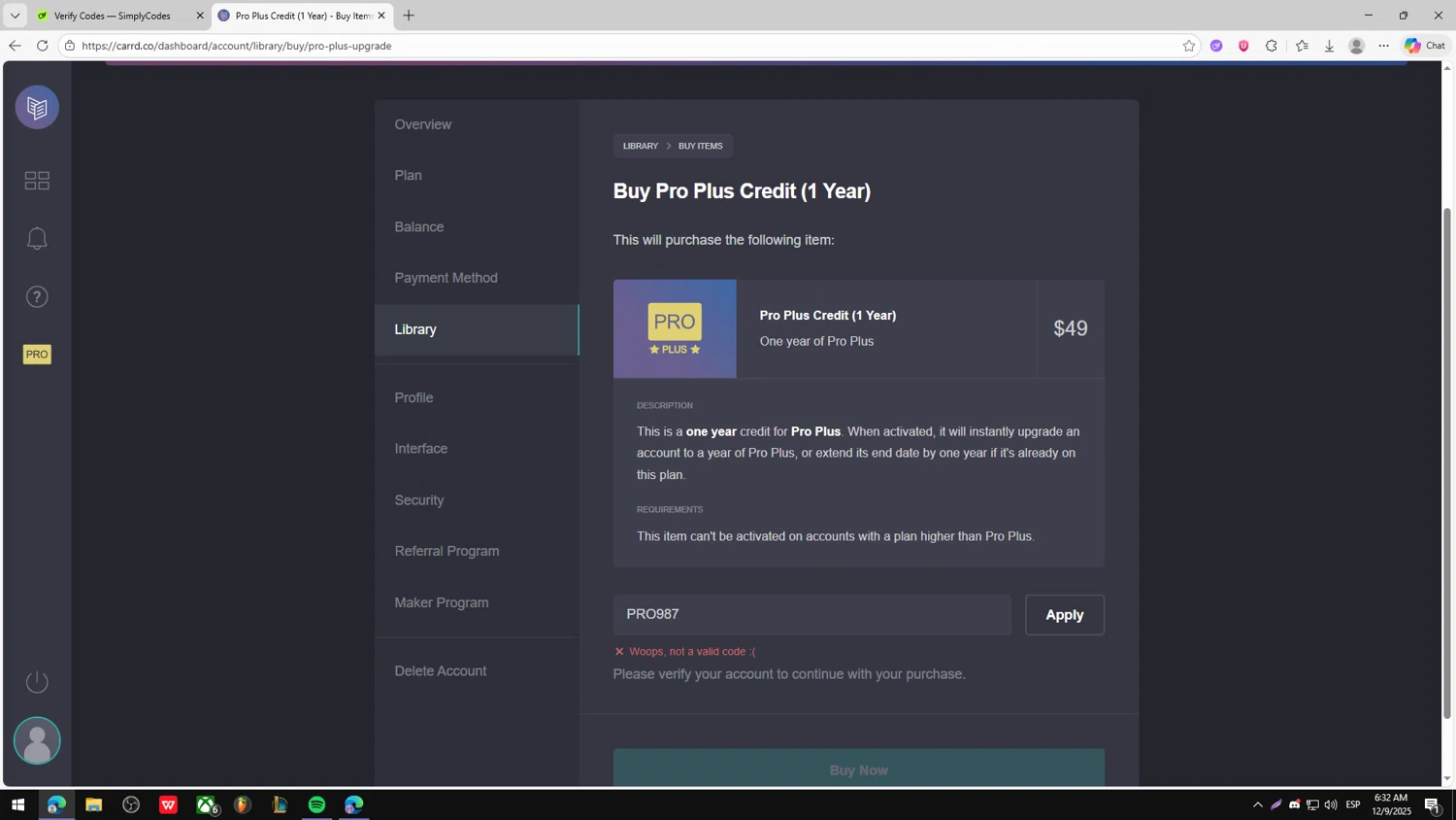 Carrd promo code screenshot showing code PRO987 applied at Carrd checkout page. Uploaded by SimplyCodes community member fjkdjkldsf on Dec 9, 2025