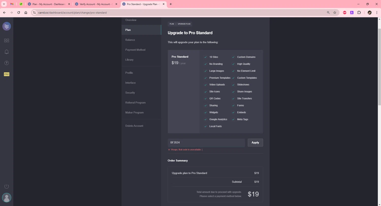 Carrd promo code screenshot showing code BF2024 applied at Carrd checkout page. Uploaded by SimplyCodes community member Scarleth_2GGD on Jan 11, 2025