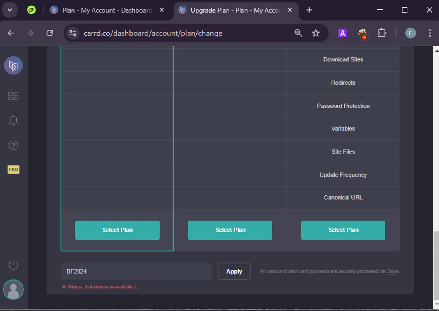 Carrd promo code screenshot showing code BF2024 applied at Carrd checkout page. Uploaded by SimplyCodes community member LuckyExpert7689 on Feb 27, 2025