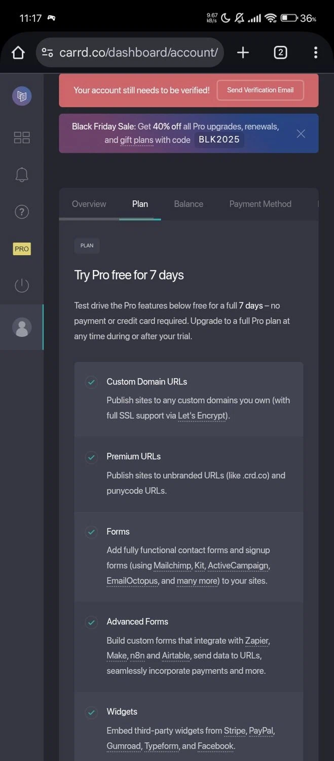 Carrd promo code screenshot showing code BLK2025 applied at Carrd checkout page. Uploaded by SimplyCodes community member Bjhfuhdf on Nov 15, 2025