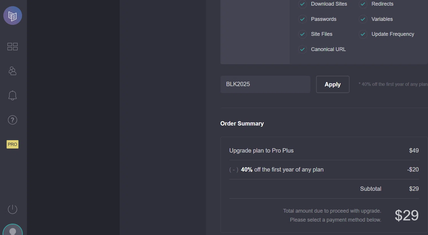 Carrd promo code screenshot showing code BLK2025 applied at Carrd checkout page. Uploaded by SimplyCodes community member jesspea on Nov 15, 2025