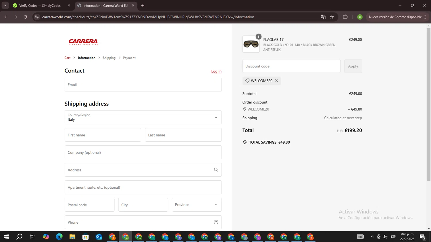 Carrera promo code screenshot showing code WELCOME20 applied at Carrera checkout page. Uploaded by SimplyCodes community member DiscountSpotter1028 on Feb 22, 2025