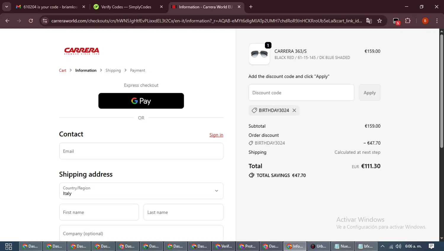 Carrera promo code screenshot showing code BIRTHDAY3024 applied at Carrera checkout page. Uploaded by SimplyCodes community member DiscountExpert6435 on Nov 15, 2025