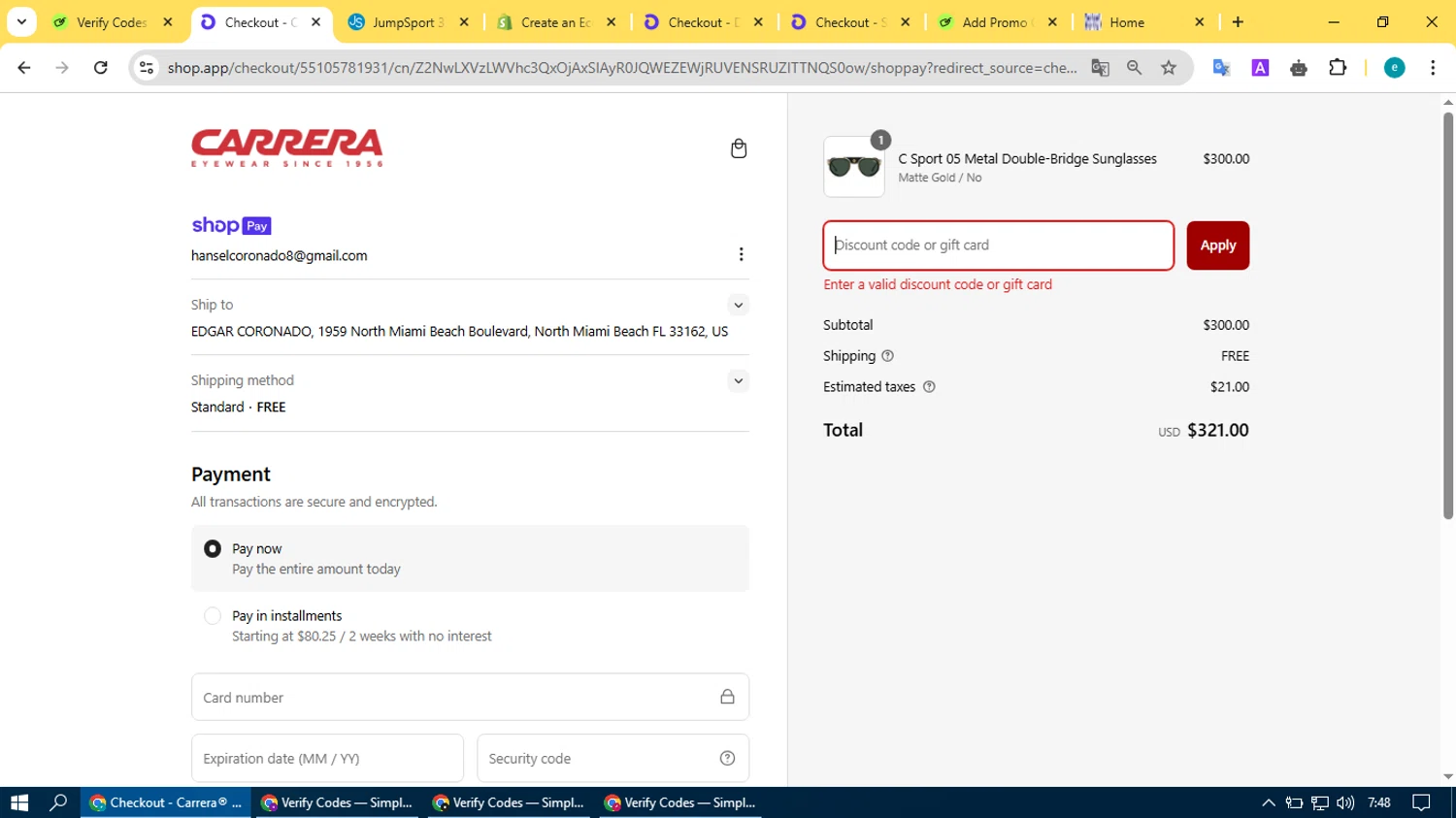 Carrera promo code screenshot showing code SNOW20 applied at Carrera checkout page. Uploaded by SimplyCodes community member BonusVoyager4214 on Mar 11, 2025