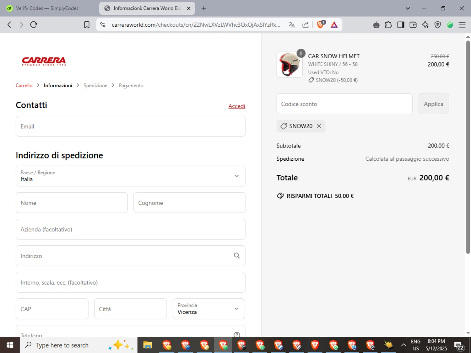 Carrera promo code screenshot showing code SNOW20 applied at Carrera checkout page. Uploaded by SimplyCodes community member LuckyFinder3550 on May 13, 2025
