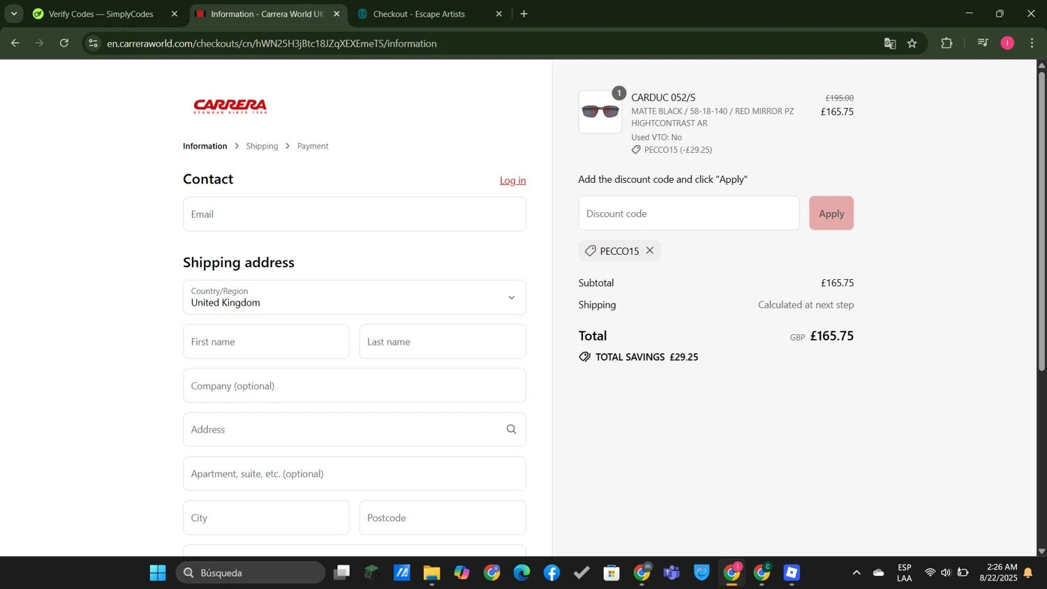 Carrera promo code screenshot showing code Pecco15 applied at Carrera checkout page. Uploaded by SimplyCodes community member MightyGuardian8404 on Aug 22, 2025