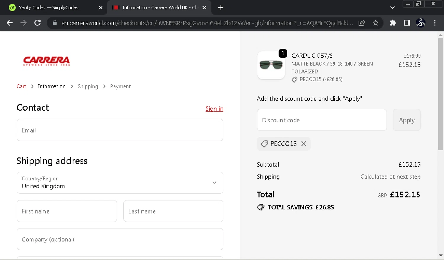 Carrera promo code screenshot showing code Pecco15 applied at Carrera checkout page. Uploaded by SimplyCodes community member SwiftOwl697 on Nov 19, 2025