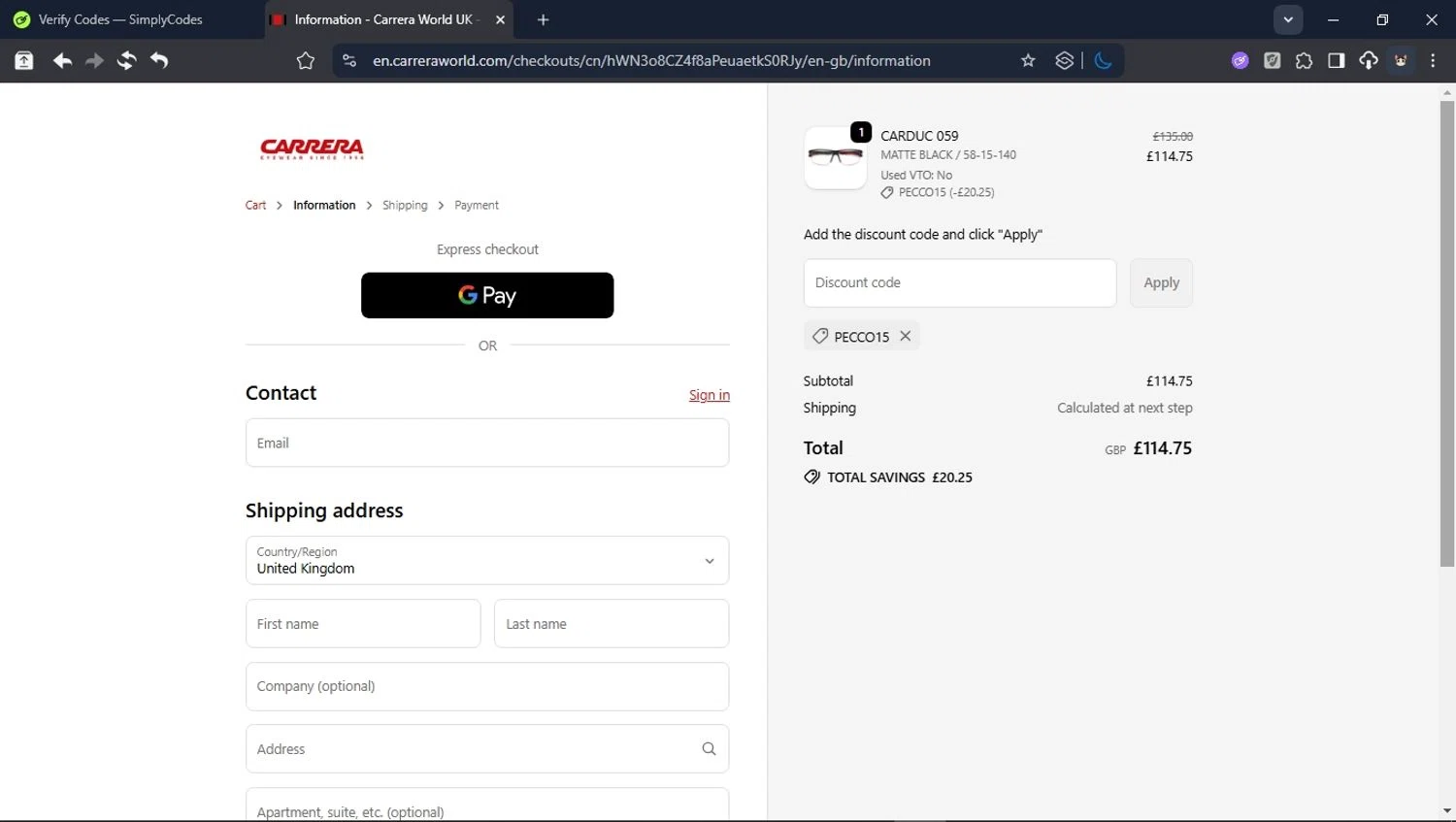 Carrera promo code screenshot showing code Pecco15 applied at Carrera checkout page. Uploaded by SimplyCodes community member ValiantHunter5929 on Oct 6, 2025