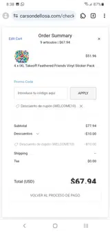 WELCOME10 coupon verification screenshot