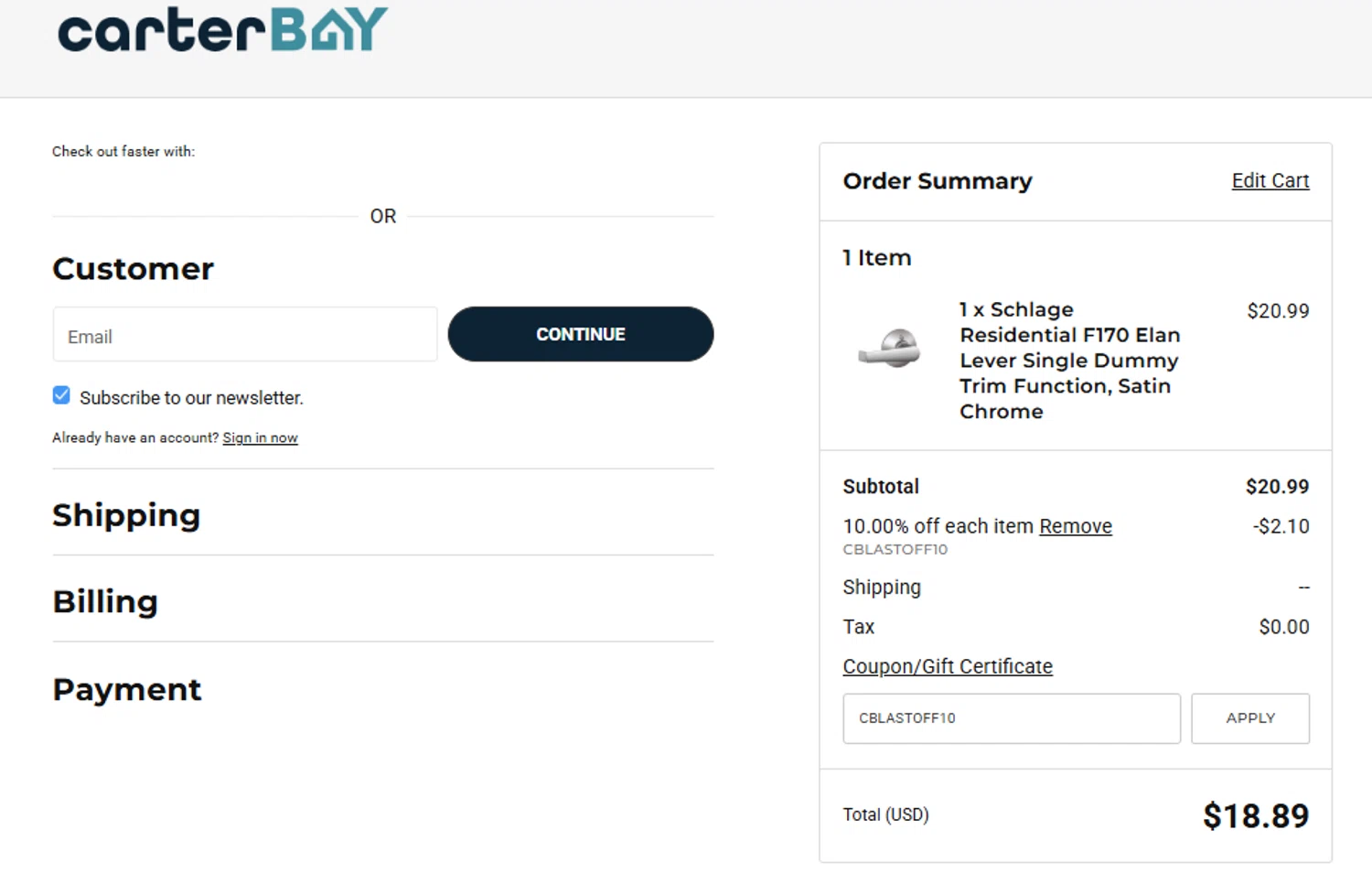 Carter Bay promo code screenshot showing code CBLASTOFF10 applied at Carter Bay checkout page. Uploaded by SimplyCodes community member Garengod on Sep 29, 2025