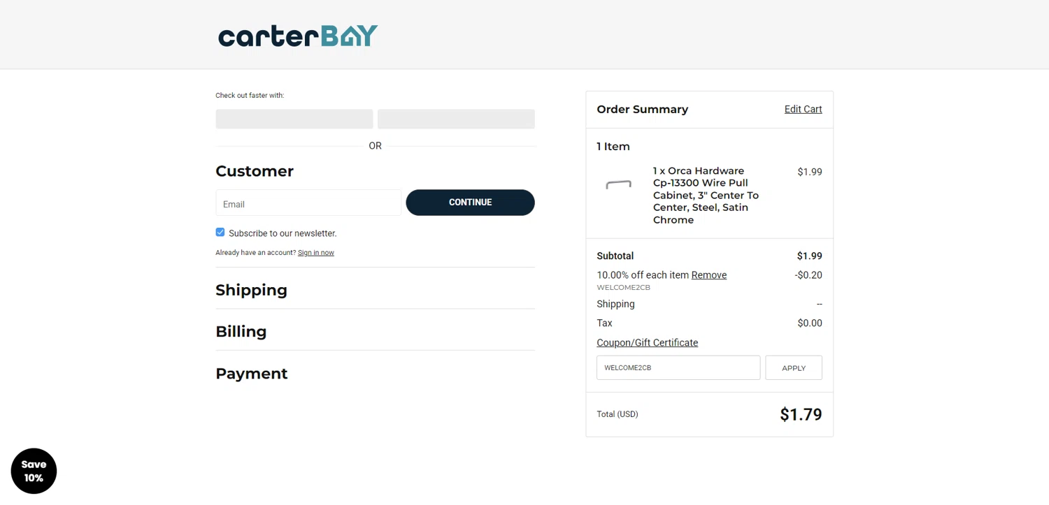 Carter Bay promo code screenshot showing code WELCOME2CB applied at Carter Bay checkout page. Uploaded by SimplyCodes community member DiscountWarden480 on Aug 20, 2025