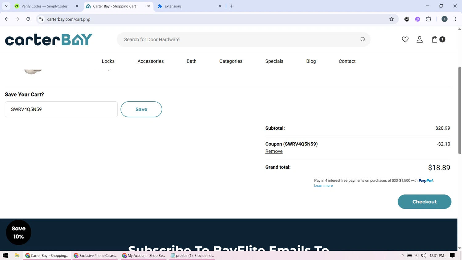 Carter Bay promo code screenshot showing code SWRV4Q5N59 applied at Carter Bay checkout page. Uploaded by SimplyCodes community member BonusMonarch7015 on Oct 28, 2025