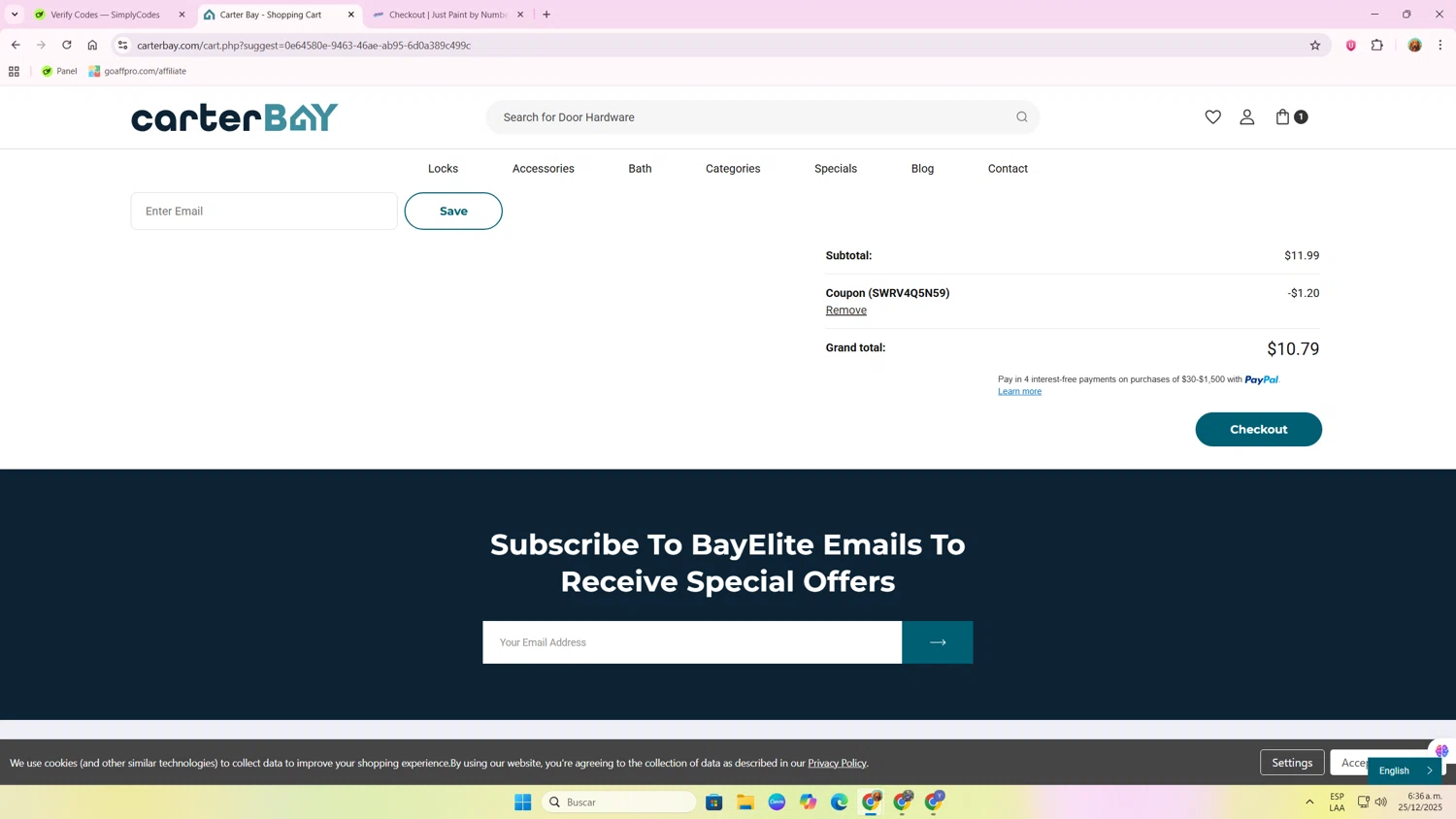 Carter Bay promo code screenshot showing code SWRV4Q5N59 applied at Carter Bay checkout page. Uploaded by SimplyCodes community member ENGP2105 on Dec 25, 2025