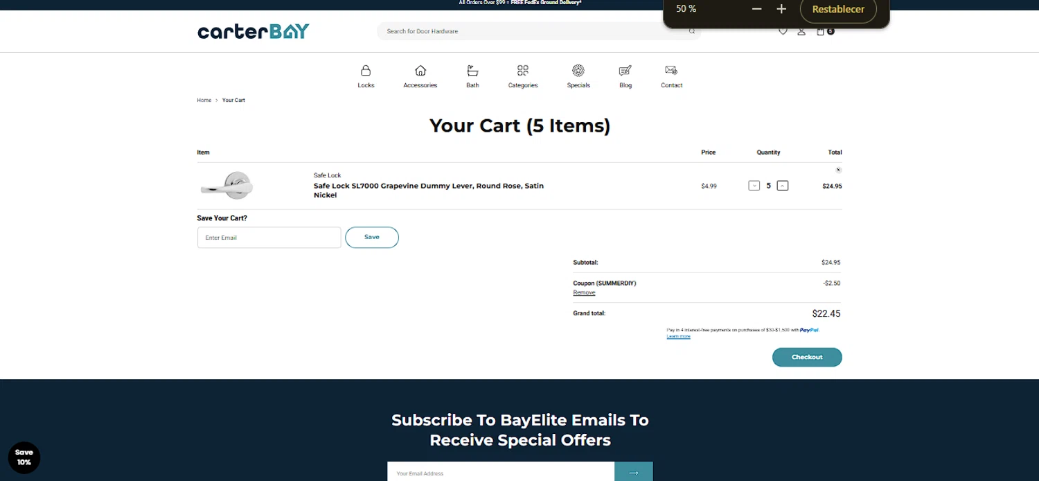 Carter Bay promo code screenshot showing code SUMMERDIY applied at Carter Bay checkout page. Uploaded by SimplyCodes community member larenacida on Oct 17, 2025