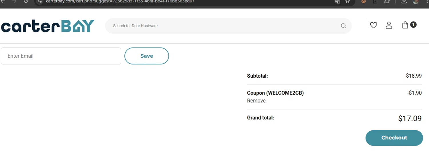 Carter Bay promo code screenshot showing code WELCOME2CB applied at Carter Bay checkout page. Uploaded by SimplyCodes community member javierprez on Aug 20, 2025