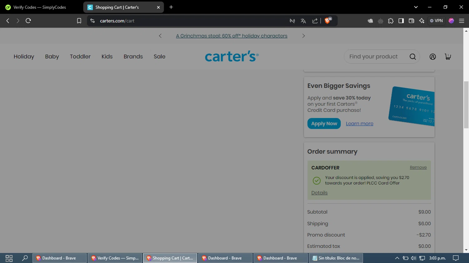 where to use Carter's promo code box