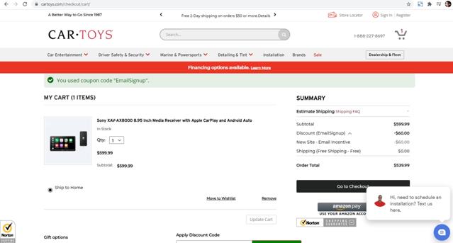 Car Toys checkout page showing Car Toys promo code box | Screenshot taken by SimplyCodes community member on Feb 27, 2021