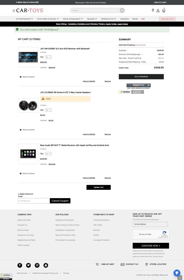 Car Toys checkout page showing Car Toys promo code box | Screenshot taken by SimplyCodes community member on Jun 8, 2022