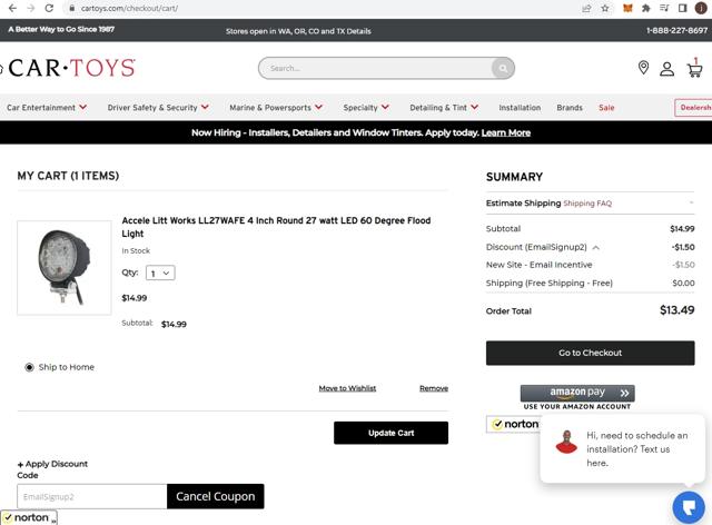 Car Toys checkout page showing Car Toys promo code box | Screenshot taken by SimplyCodes community member on Jun 8, 2022