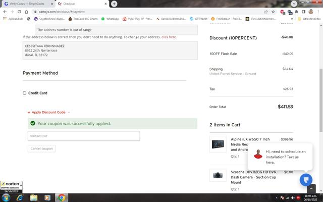 Car Toys checkout page showing Car Toys promo code box | Screenshot taken by SimplyCodes community member on Oct 26, 2022