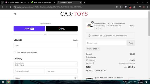 Car Toys checkout page showing Car Toys promo code box | Screenshot taken by SimplyCodes community member on Apr 27, 2024