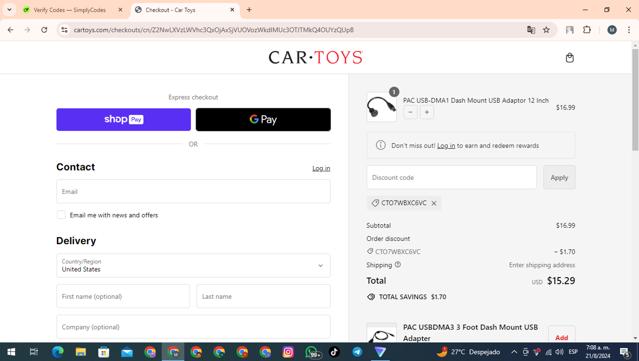 Car Toys checkout page showing Car Toys promo code box | Screenshot taken by SimplyCodes community member on Aug 21, 2024