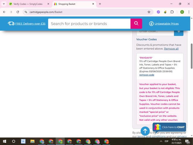 Cartridge People checkout page showing Cartridge People discount code box | Screenshot taken by SimplyCodes community member on Jul 31, 2025