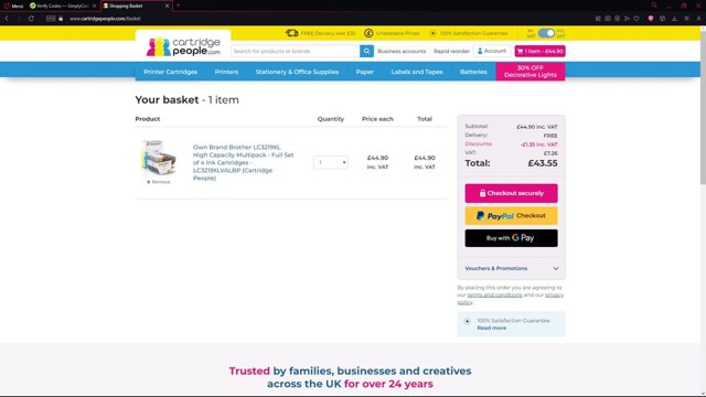 Cartridge People checkout page showing Cartridge People discount code box | Screenshot taken by SimplyCodes community member on Sep 4, 2025