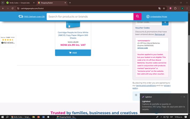Cartridge People checkout page showing Cartridge People discount code box | Screenshot taken by SimplyCodes community member on Aug 7, 2025