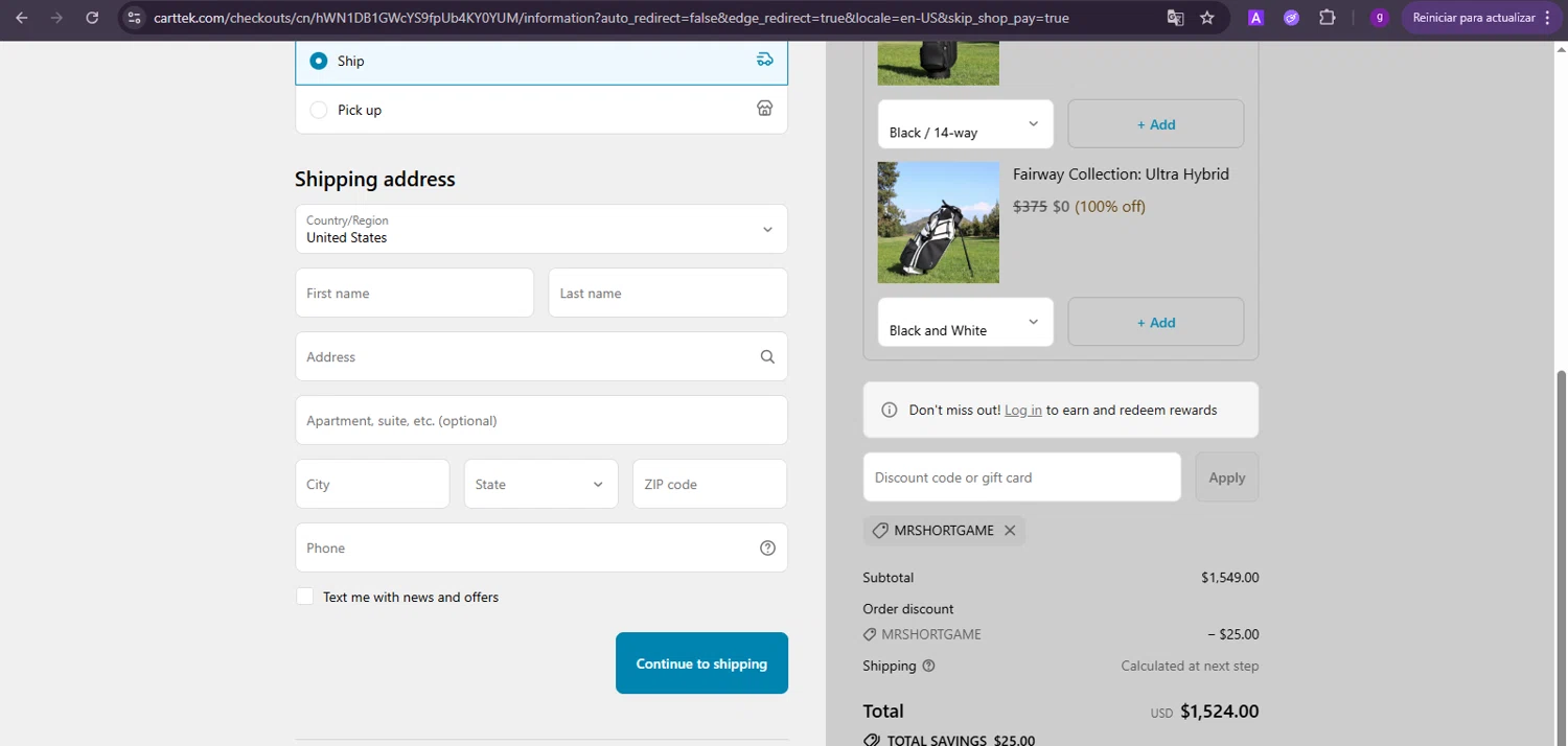 Cart Tek promo code screenshot showing code MRSHORTGAME applied at Cart Tek checkout page. Uploaded by SimplyCodes community member RoyalGenius4818 on Jul 30, 2025