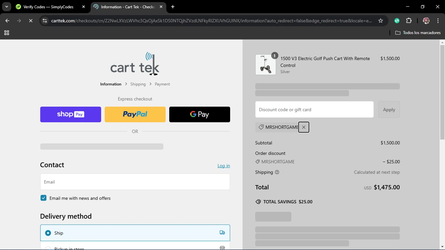 Cart Tek promo code screenshot showing code MRSHORTGAME applied at Cart Tek checkout page. Uploaded by SimplyCodes community member Juliet on Feb 18, 2025