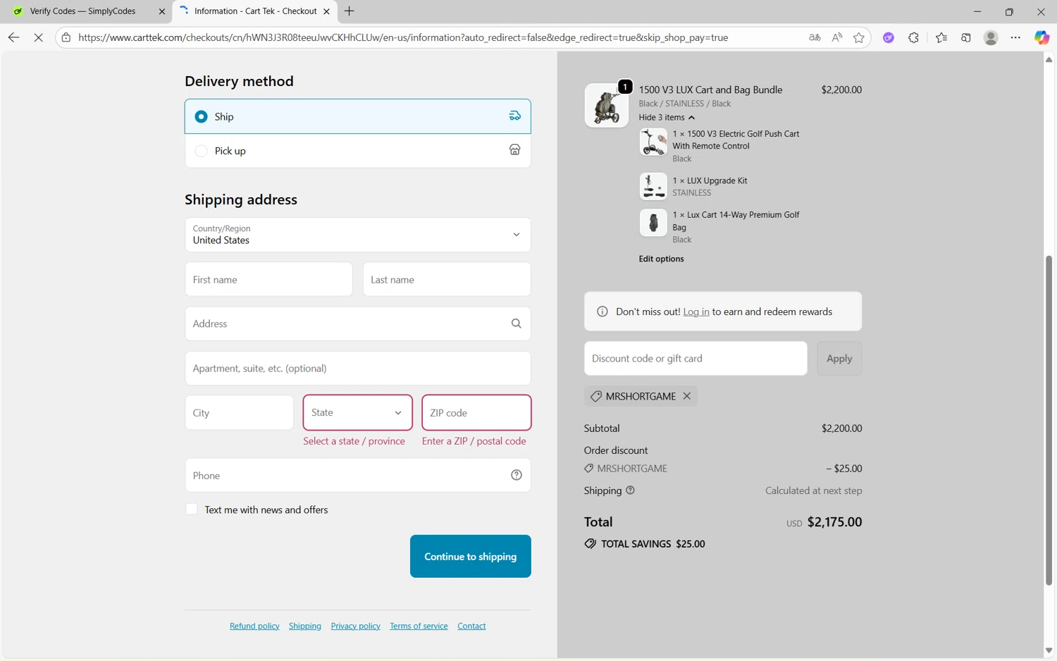 Cart Tek promo code screenshot showing code MRSHORTGAME applied at Cart Tek checkout page. Uploaded by SimplyCodes community member juanx1702 on Sep 23, 2025