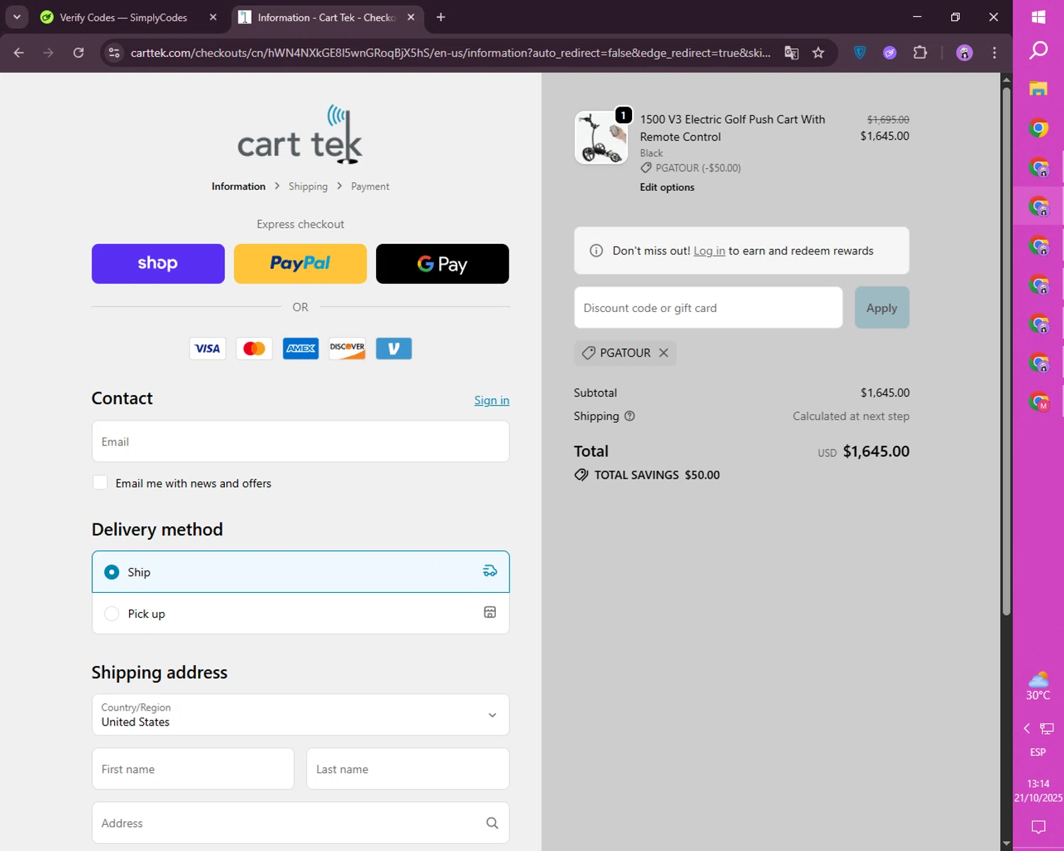 Cart Tek promo code screenshot showing code PGATOUR applied at Cart Tek checkout page. Uploaded by SimplyCodes community member CashSaver4711 on Oct 21, 2025