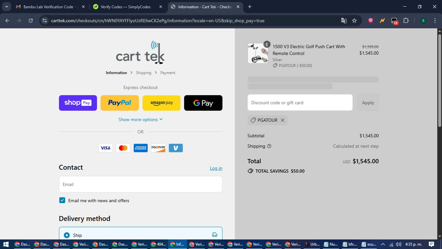 Cart Tek promo code screenshot showing code PGATOUR applied at Cart Tek checkout page. Uploaded by SimplyCodes community member ShrewdAce7935 on Jul 12, 2025