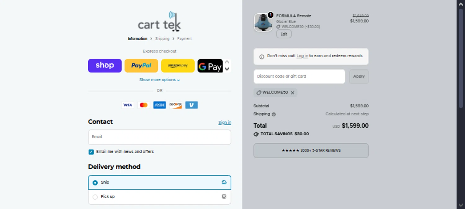 Cart Tek promo code screenshot showing code welcome50 applied at Cart Tek checkout page. Uploaded by SimplyCodes community member TraxoGamer on Jan 15, 2026