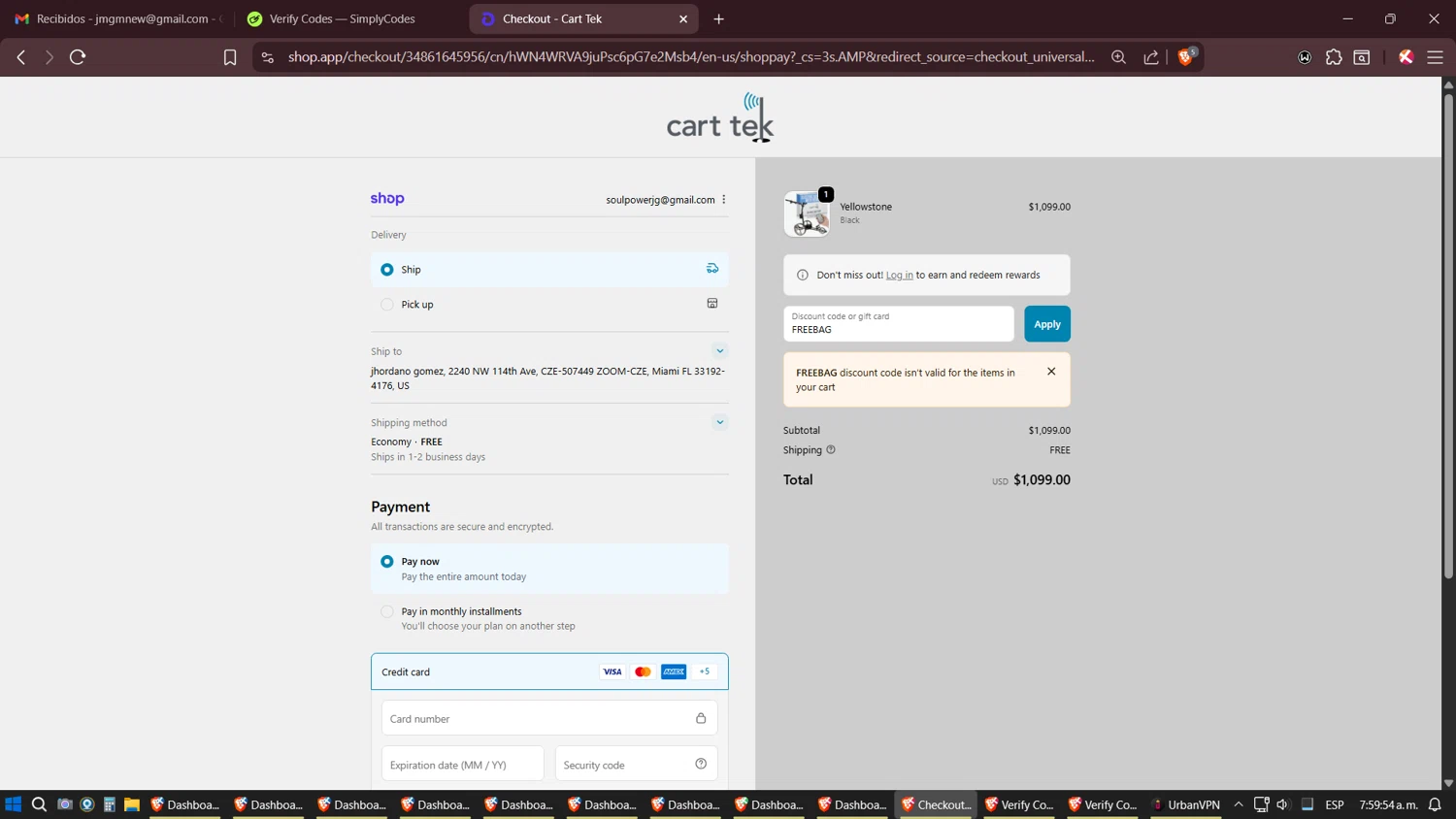 Cart Tek promo code screenshot showing code FREEBAG applied at Cart Tek checkout page. Uploaded by SimplyCodes community member Amidamaru on Oct 25, 2025