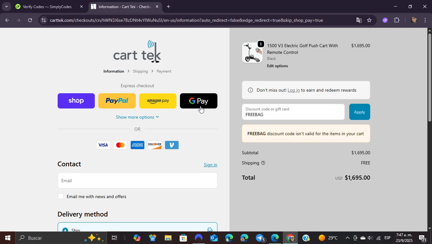 Cart Tek promo code screenshot showing code FREEBAG applied at Cart Tek checkout page. Uploaded by SimplyCodes community member ShieldEagle9436 on Sep 23, 2025