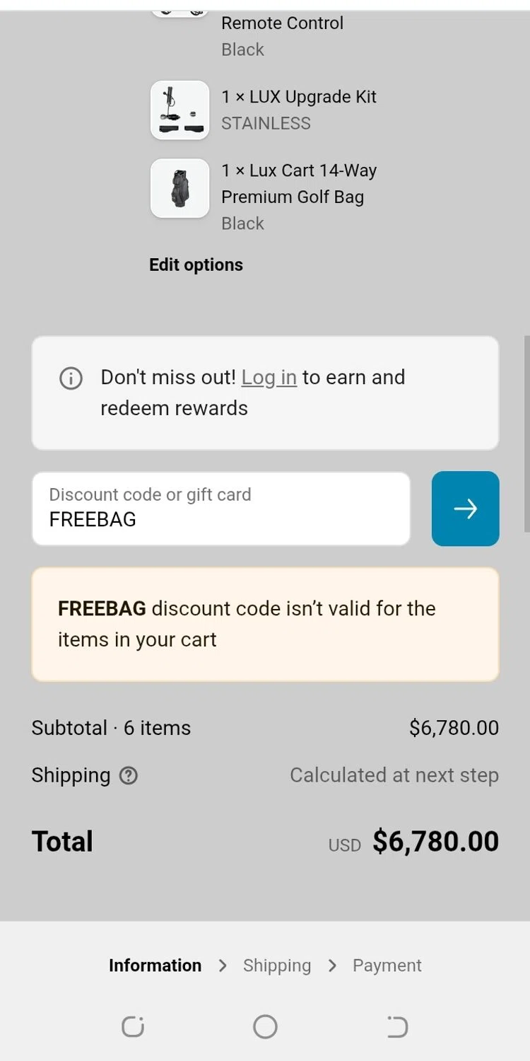 Cart Tek promo code screenshot showing code FREEBAG applied at Cart Tek checkout page. Uploaded by SimplyCodes community member aguirremariagabriela on Sep 23, 2025