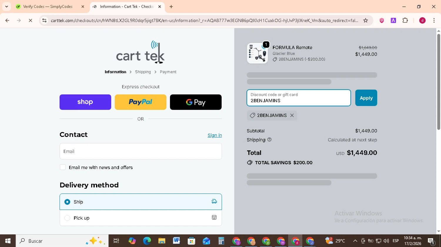 Cart Tek promo code screenshot showing code 2BENJAMINS applied at Cart Tek checkout page. Uploaded by SimplyCodes community member FrugalMonarch7277 on Feb 17, 2026