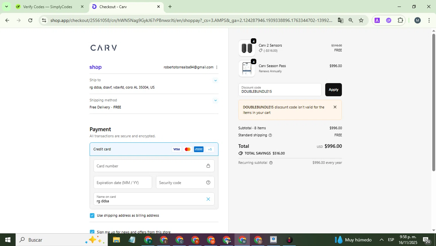 Carv discount code screenshot showing code DOUBLEBUNDLE15 applied at Carv checkout page. Uploaded by SimplyCodes community member EpicCaptain5837 on Nov 17, 2025