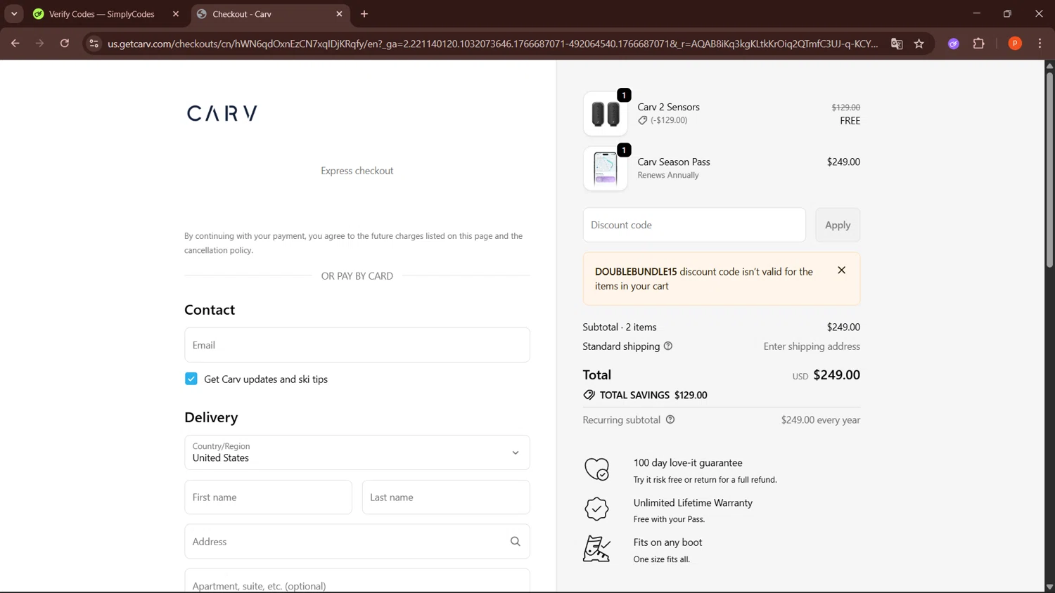 Carv discount code screenshot showing code DOUBLEBUNDLE15 applied at Carv checkout page. Uploaded by SimplyCodes community member LegendaryPro3698 on Dec 25, 2025