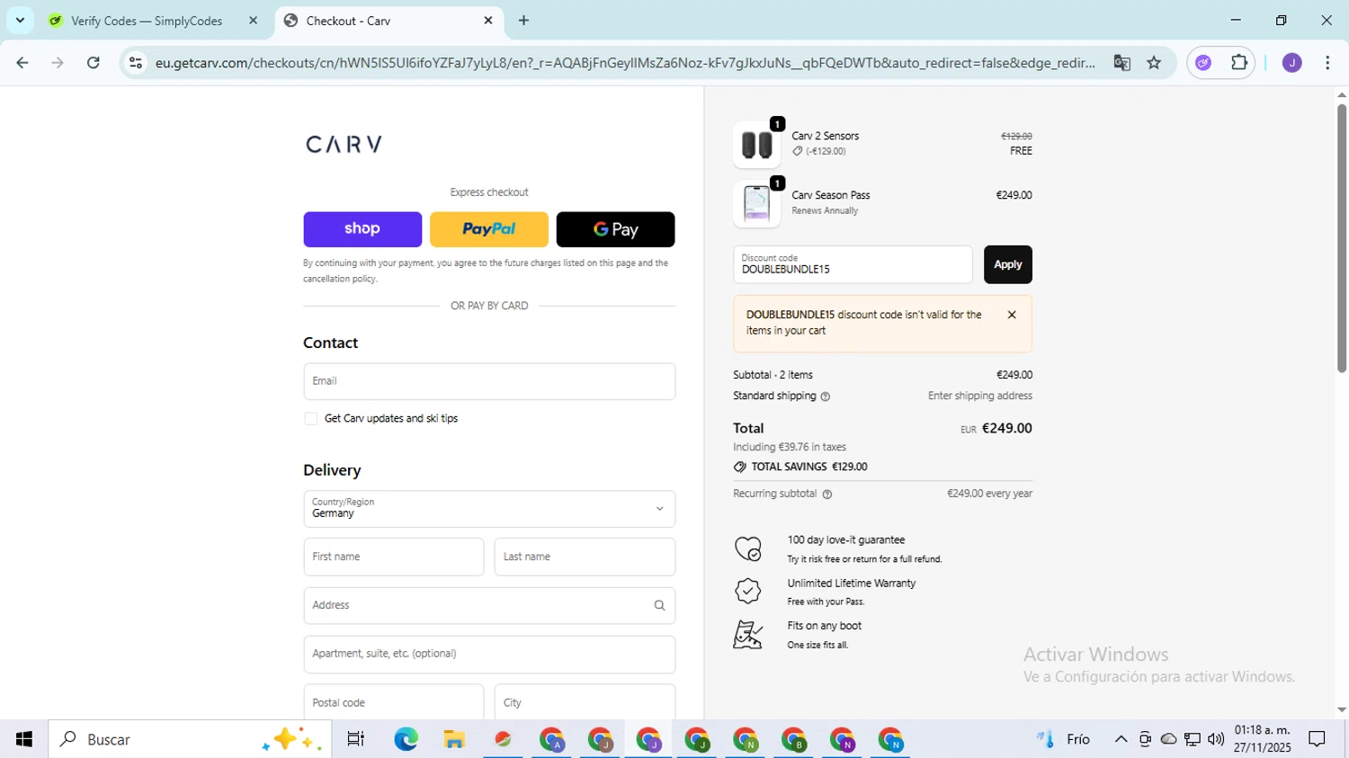 Carv discount code screenshot showing code DOUBLEBUNDLE15 applied at Carv checkout page. Uploaded by SimplyCodes community member PromoHunter9043 on Nov 27, 2025