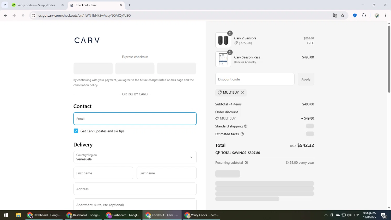 Carv discount code screenshot showing code MULTIBUY applied at Carv checkout page. Uploaded by SimplyCodes community member MightyLegend6657 on Aug 13, 2025