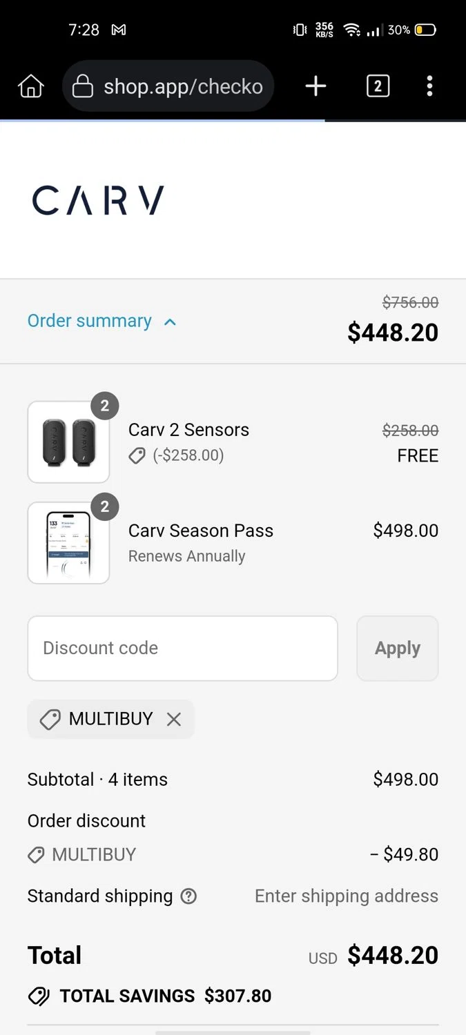 Carv discount code screenshot showing code MULTIBUY applied at Carv checkout page. Uploaded by SimplyCodes community member Wonderwoman82 on Sep 11, 2025