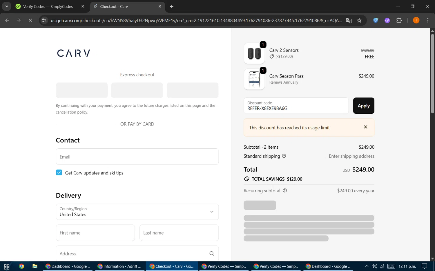 Carv discount code screenshot showing code REFER-X8EXE9BA6G applied at Carv checkout page. Uploaded by SimplyCodes community member EpicHero3141 on Nov 10, 2025