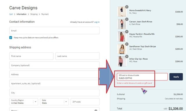 Carve Designs checkout page showing Carve Designs discount code box | Screenshot taken by SimplyCodes community member on Mar 22, 2021