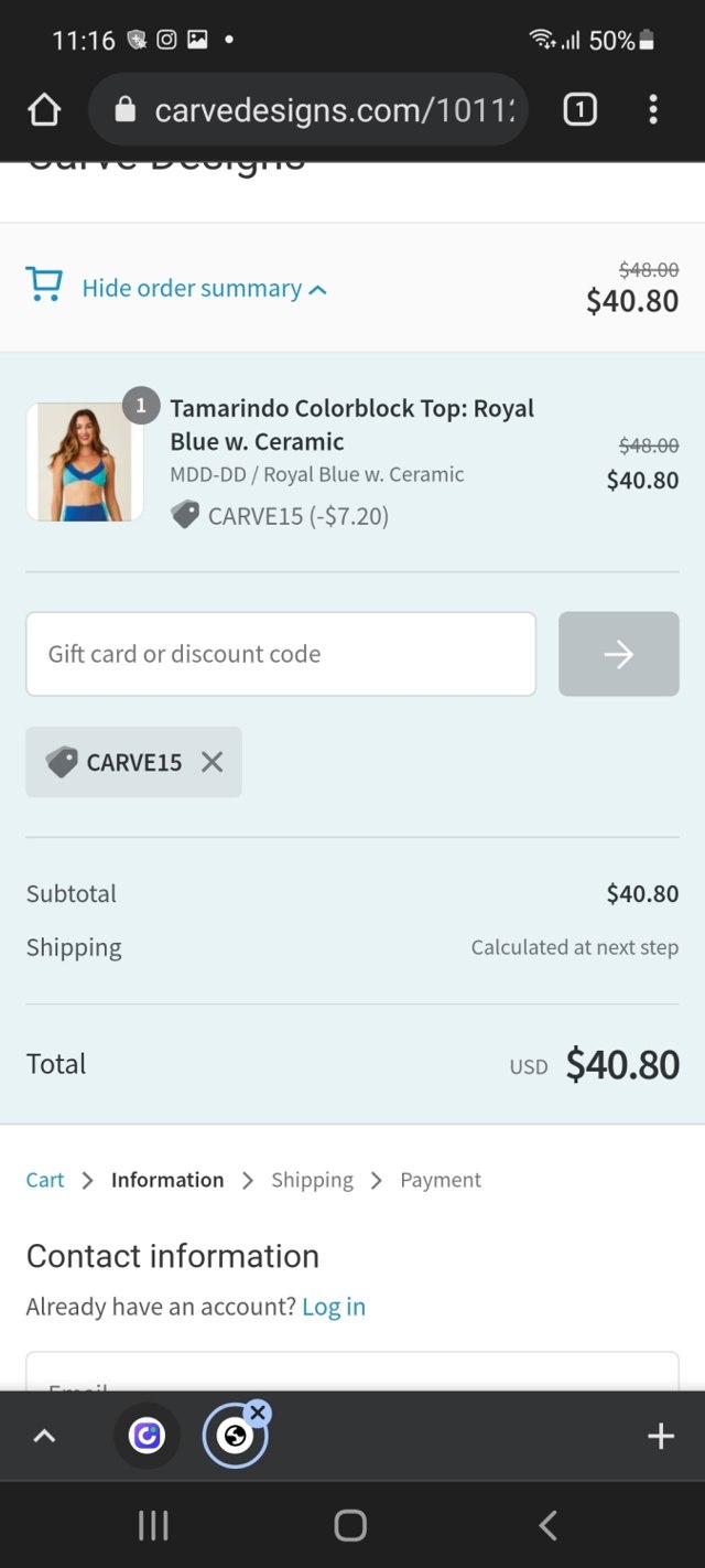 Carve Designs checkout page showing Carve Designs discount code box | Screenshot taken by SimplyCodes community member on Mar 14, 2022