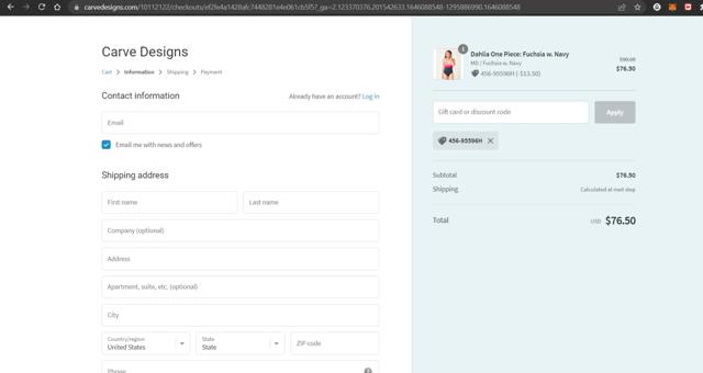 Carve Designs checkout page showing Carve Designs discount code box | Screenshot taken by SimplyCodes community member on Feb 28, 2022