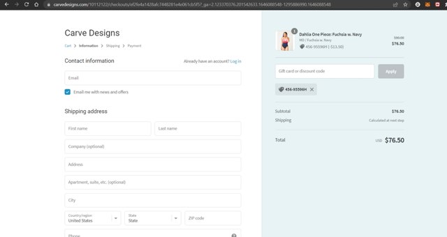 Carve Designs checkout page showing Carve Designs discount code box | Screenshot taken by SimplyCodes community member on Feb 28, 2022