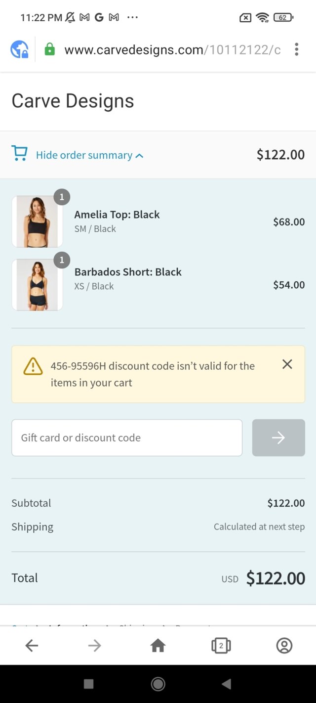 Carve Designs checkout page showing Carve Designs discount code box | Screenshot taken by SimplyCodes community member on Mar 7, 2022